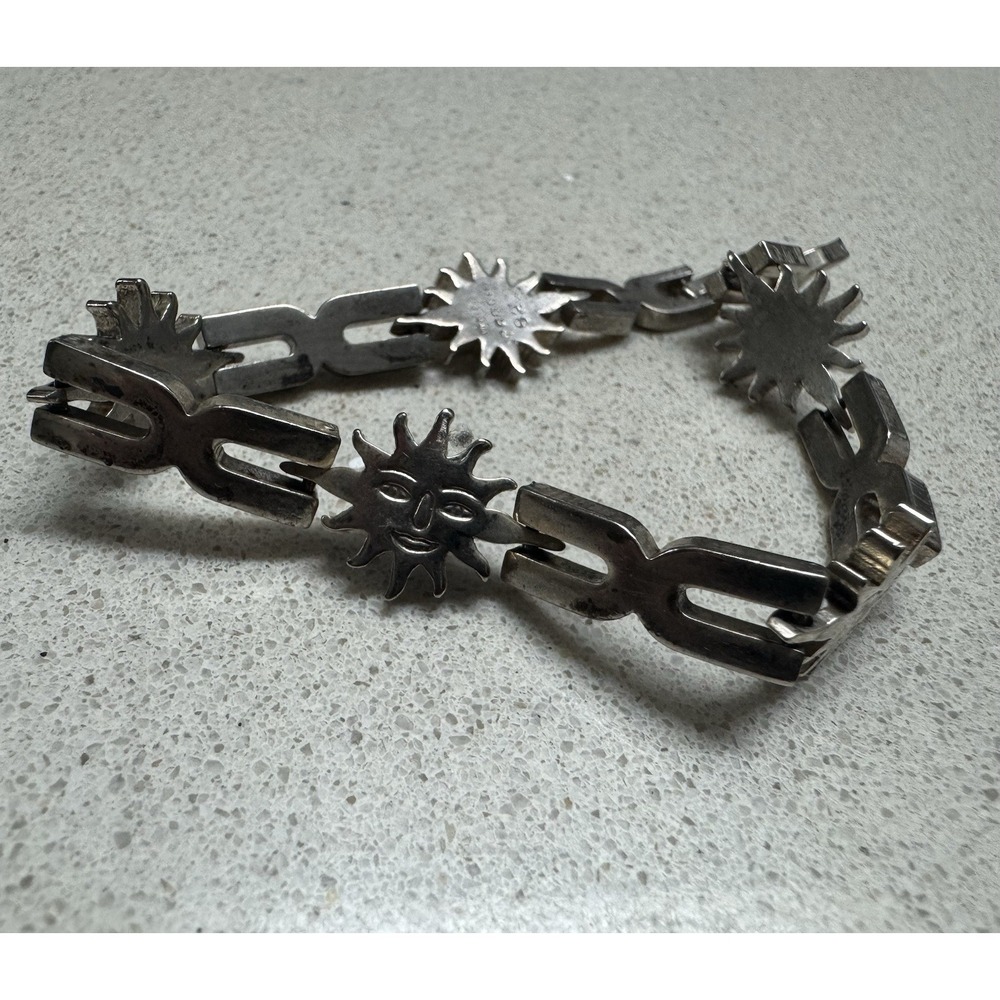 Vtg Taxco 925 Sterling Silver Sun Face Celestial Chain Link Bracelet 7 in .9 oz
